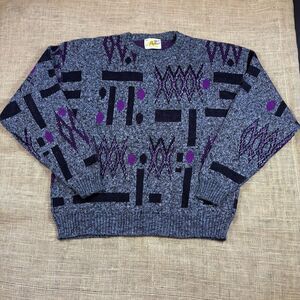 Vintage 80s Poplar Black/Gray/Purple Geometric Sweater Size XL Made in USA